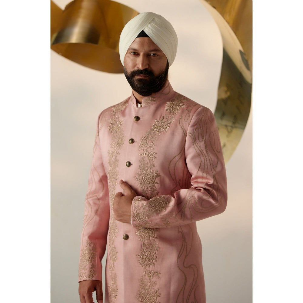 Jatin Malik Rose Quartz Long Bandhgala with Trouser (Set of 2)