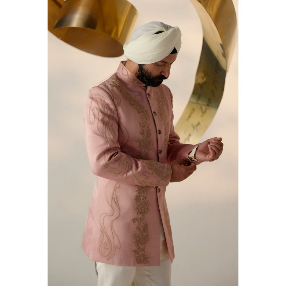 Jatin Malik Rose Quartz Long Bandhgala with Trouser (Set of 2)