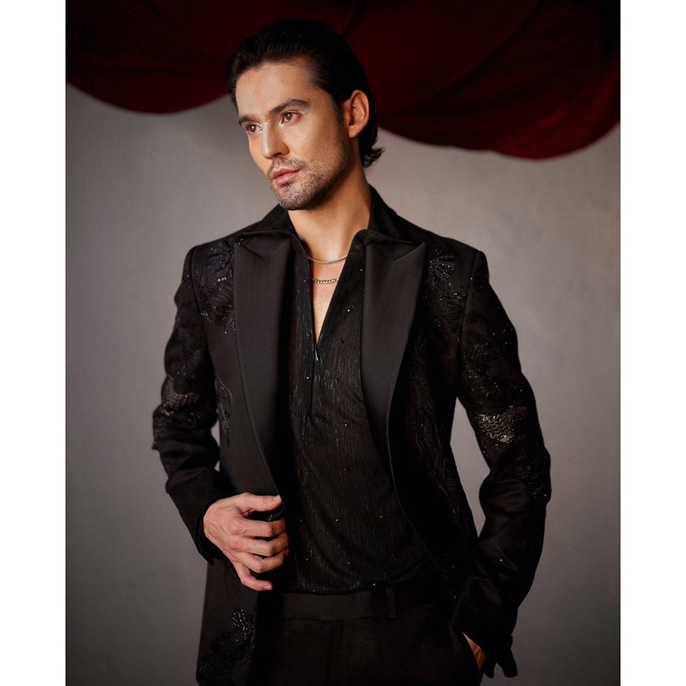 Jatin Malik Pitch Black Tuxedo with Shirt & Trouser (Set of 3)