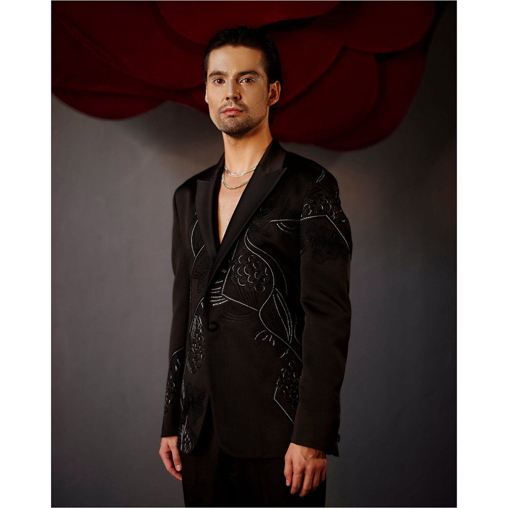 Jatin Malik Pique Black Tuxedo with Shirt & Trouser (Set of 3)