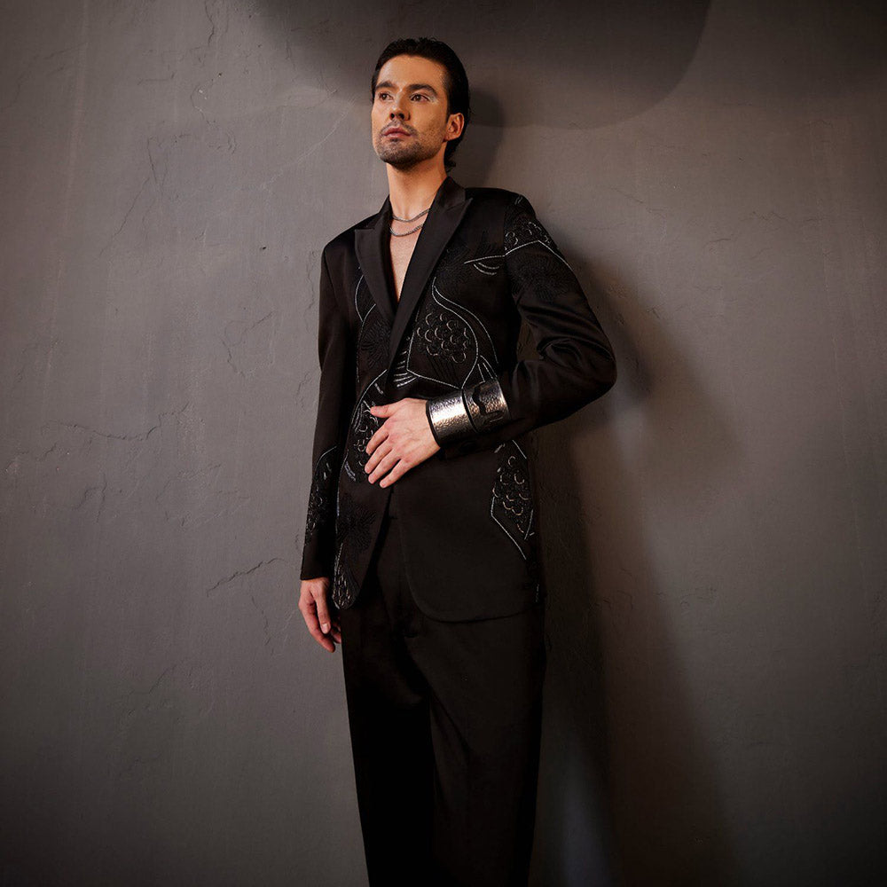 Jatin Malik Pique Black Tuxedo with Shirt & Trouser (Set of 3)