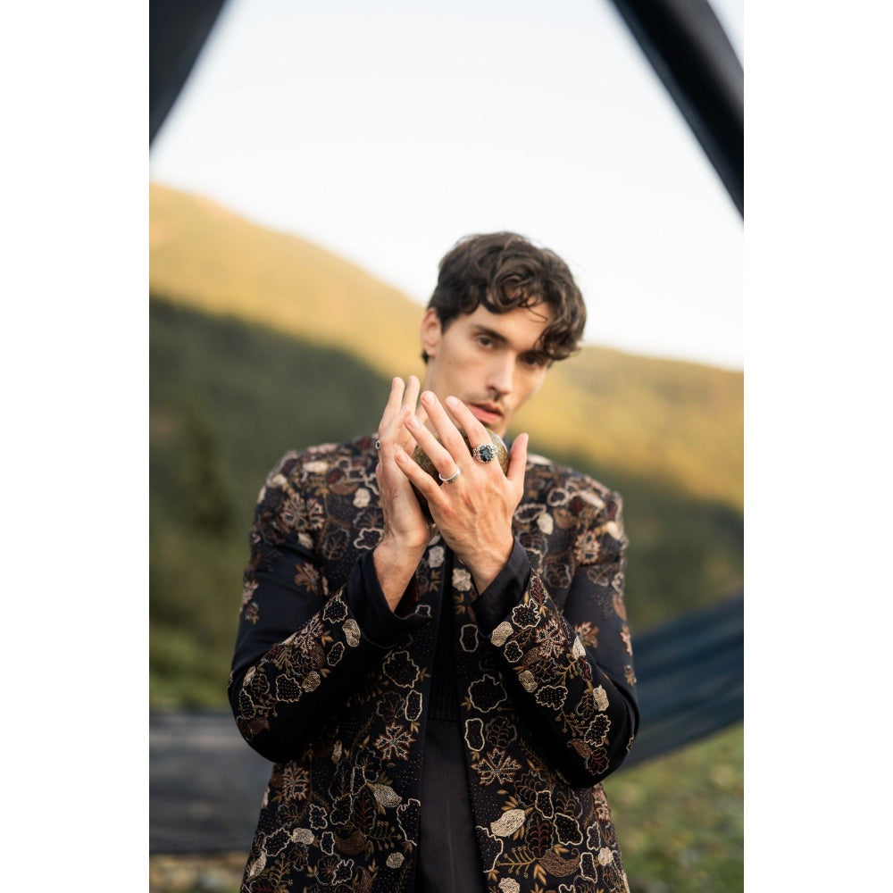 Jatin Malik Midnight Canyon Short Jacket with Kurta and Trouser (Set of 3)