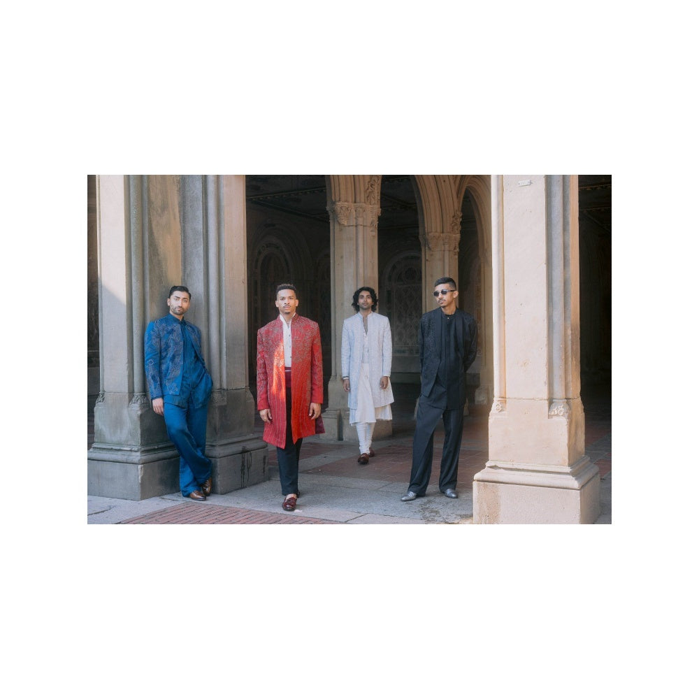 Jatin Malik Crimson Lake Contemporary Jacket with Shirt and Trouser Belt (Set of 4)