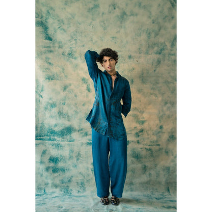 Jatin Malik Blue Thistle Kurta with Trouser (Set of 2)
