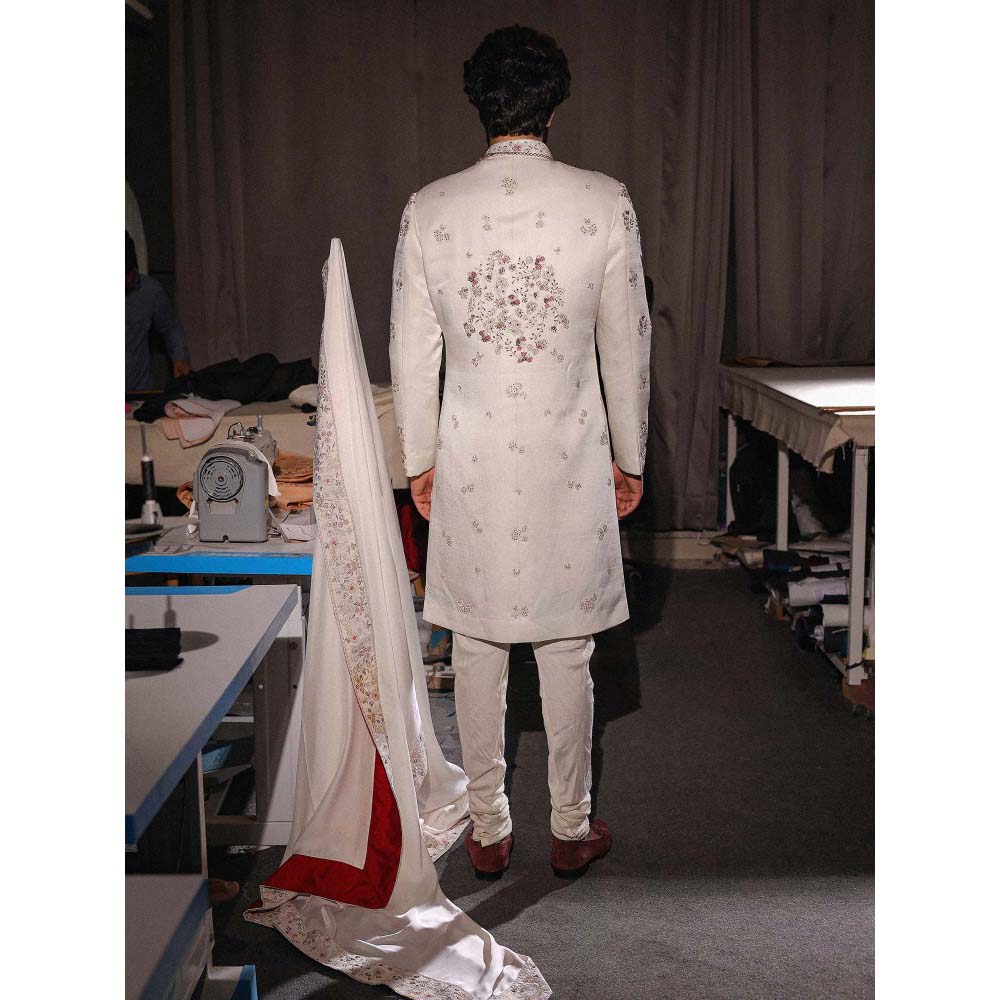Jatin Malik Imperial White Embroidered Sherwani with Kurta and Churidar (Set of 3)