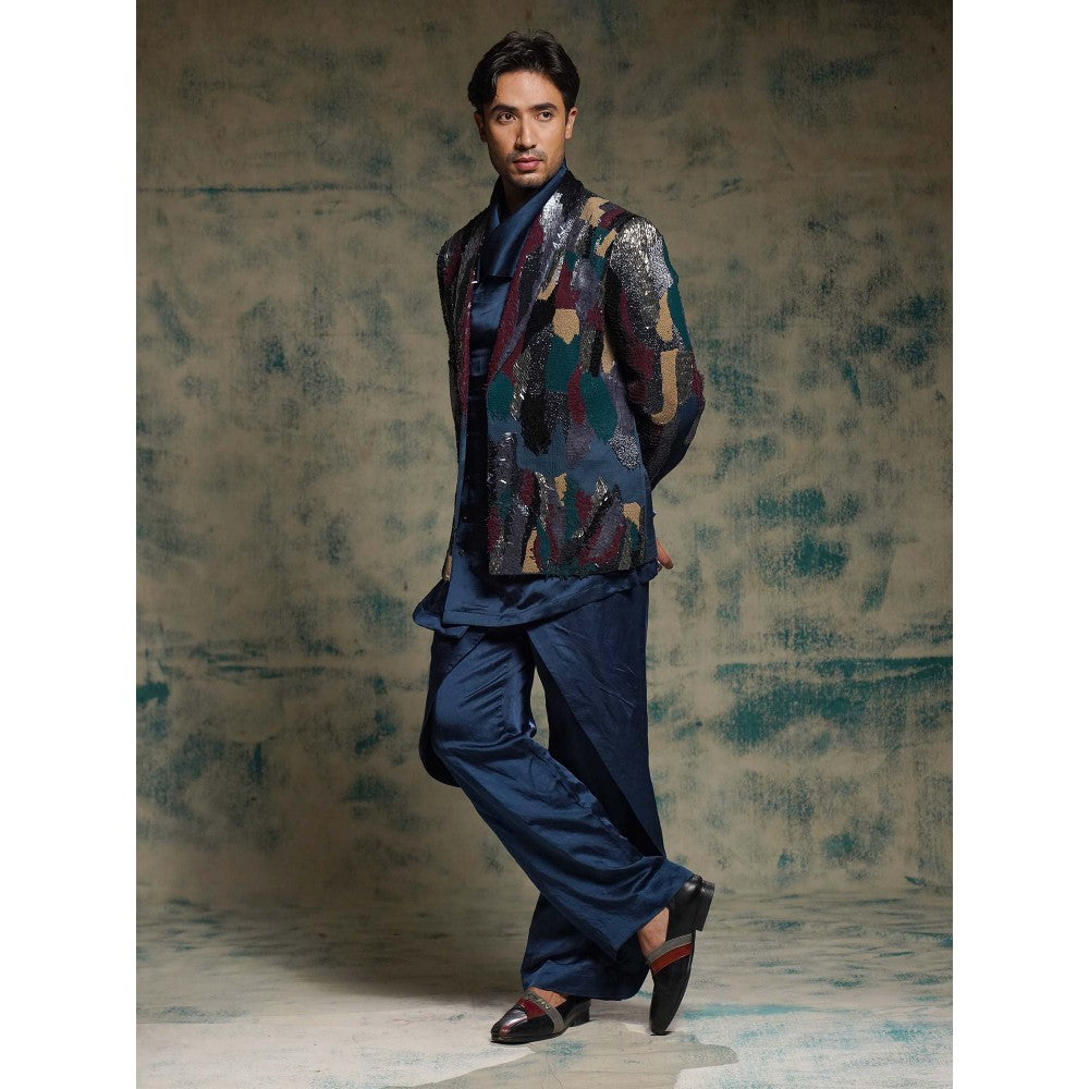 Jatin Malik Navy Blue Sequined Short Jacket with Kurta and Trouser