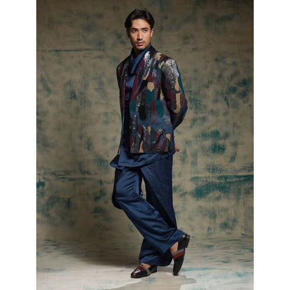 Jatin Malik Navy Blue Sequined Short Jacket with Kurta and Trouser