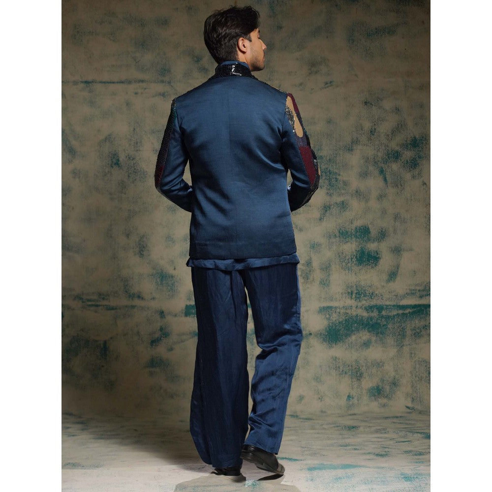 Jatin Malik Navy Blue Sequined Short Jacket with Kurta and Trouser