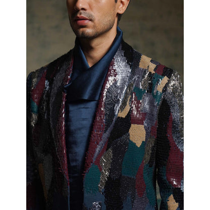 Jatin Malik Navy Blue Sequined Short Jacket with Kurta and Trouser