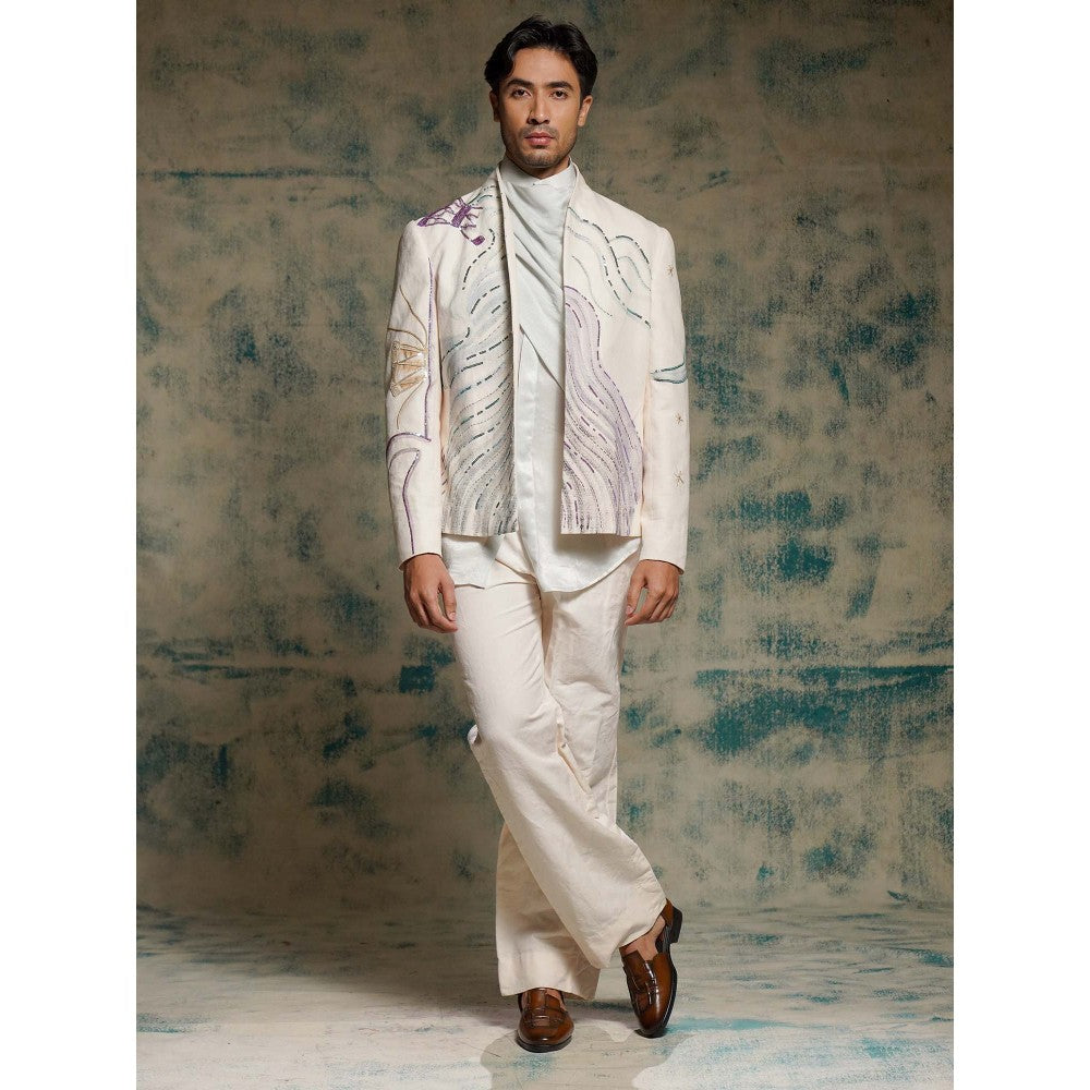 Jatin Malik Apricot Ivory Hand Painted Blazer with Shirt and Trouser