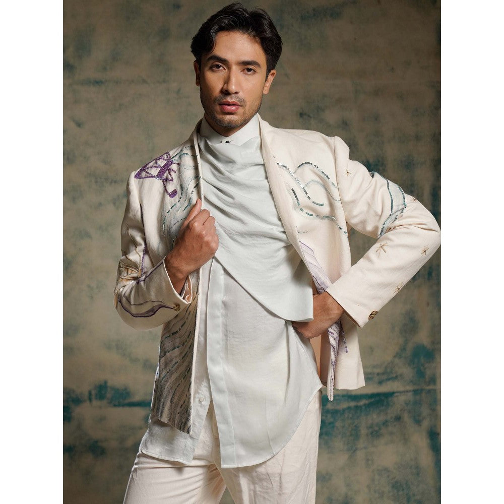 Jatin Malik Apricot Ivory Hand Painted Blazer with Shirt and Trouser