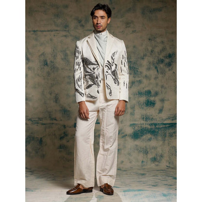 Jatin Malik Cream Tusk Nandi Embroidered Blazer with Shirt, Belt and Trouser