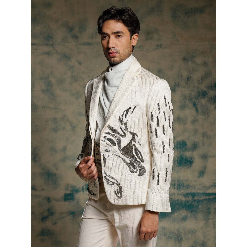 Jatin Malik Cream Tusk Nandi Embroidered Blazer with Shirt, Belt and Trouser