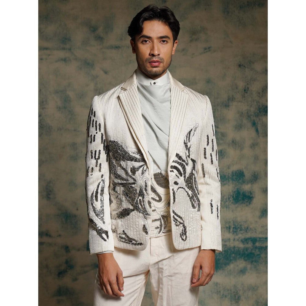 Jatin Malik Cream Tusk Nandi Embroidered Blazer with Shirt, Belt and Trouser