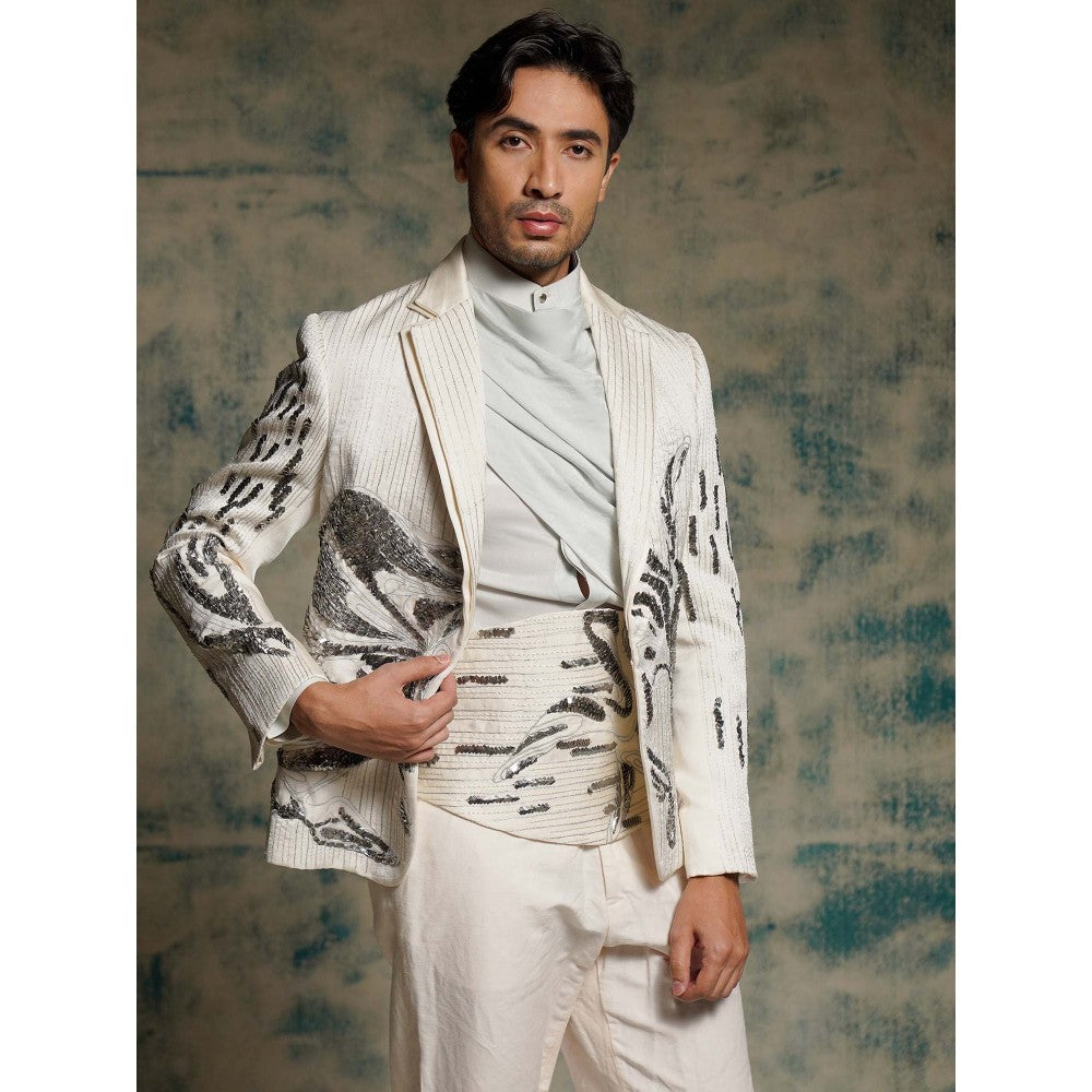 Jatin Malik Cream Tusk Nandi Embroidered Blazer with Shirt, Belt and Trouser