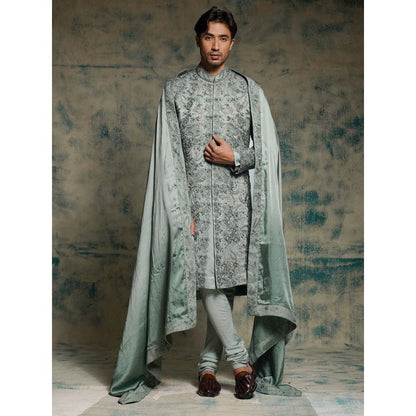 Jatin Malik Chateau Grey Hand Embroidered Sherwani with Kurta, Churidar and Dupatta