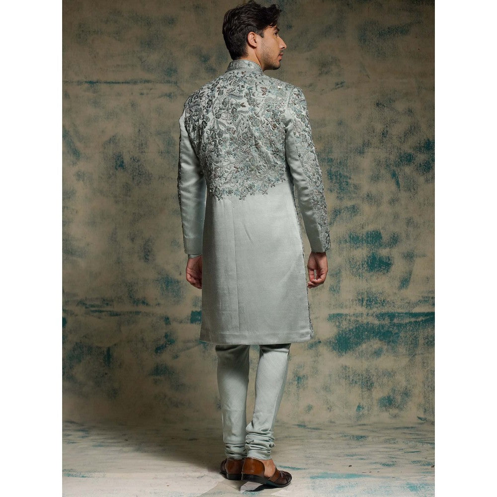 Jatin Malik Chateau Grey Hand Embroidered Sherwani with Kurta, Churidar and Dupatta