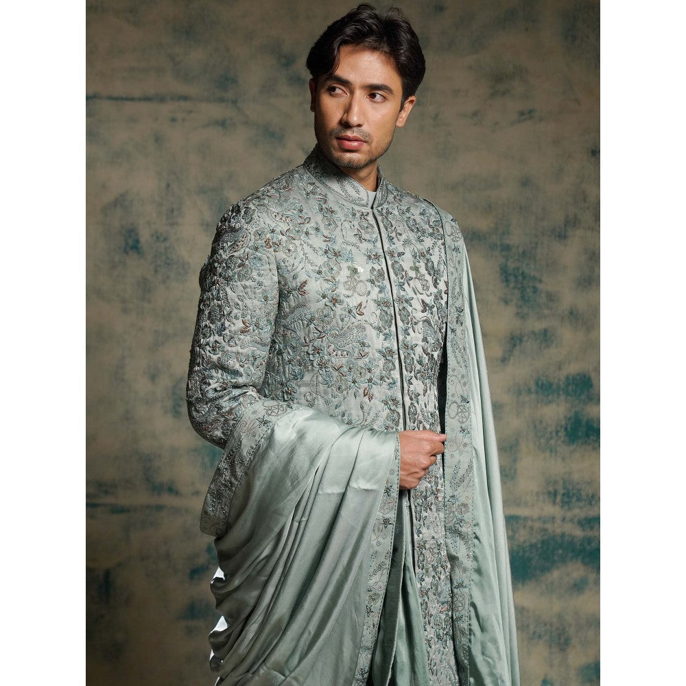 Jatin Malik Chateau Grey Hand Embroidered Sherwani with Kurta, Churidar and Dupatta