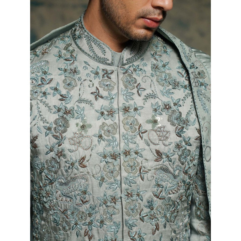 Jatin Malik Chateau Grey Hand Embroidered Sherwani with Kurta, Churidar and Dupatta