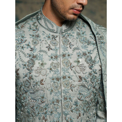 Jatin Malik Chateau Grey Hand Embroidered Sherwani with Kurta, Churidar and Dupatta