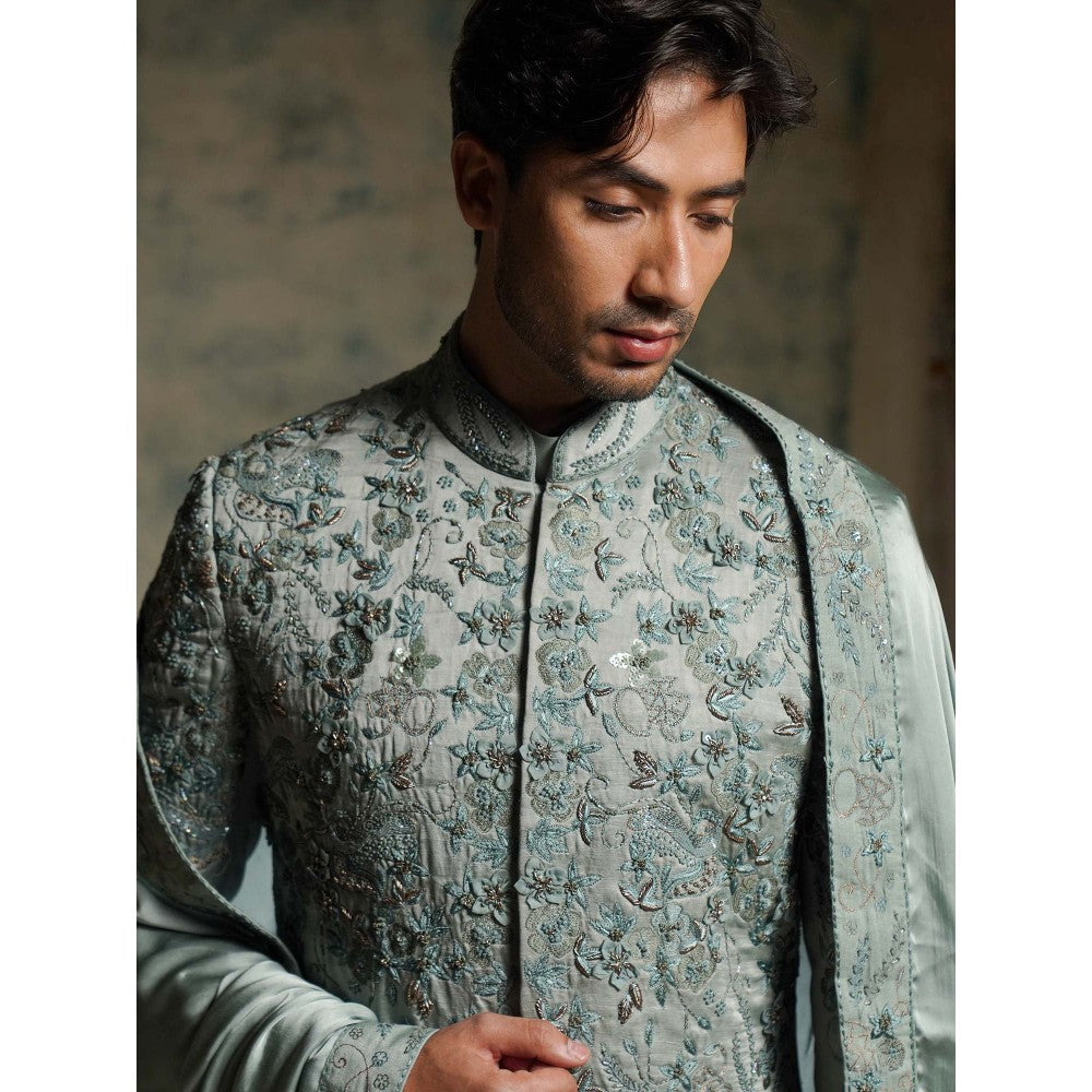 Jatin Malik Chateau Grey Hand Embroidered Sherwani with Kurta, Churidar and Dupatta