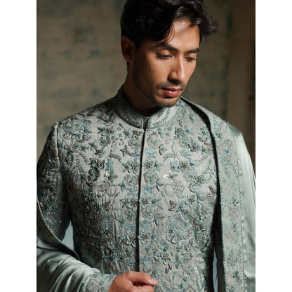Jatin Malik Chateau Grey Hand Embroidered Sherwani with Kurta, Churidar and Dupatta