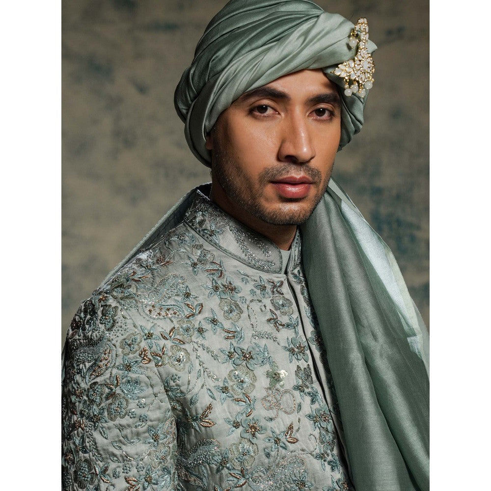 Jatin Malik Chateau Grey Hand Embroidered Sherwani with Kurta, Churidar and Dupatta