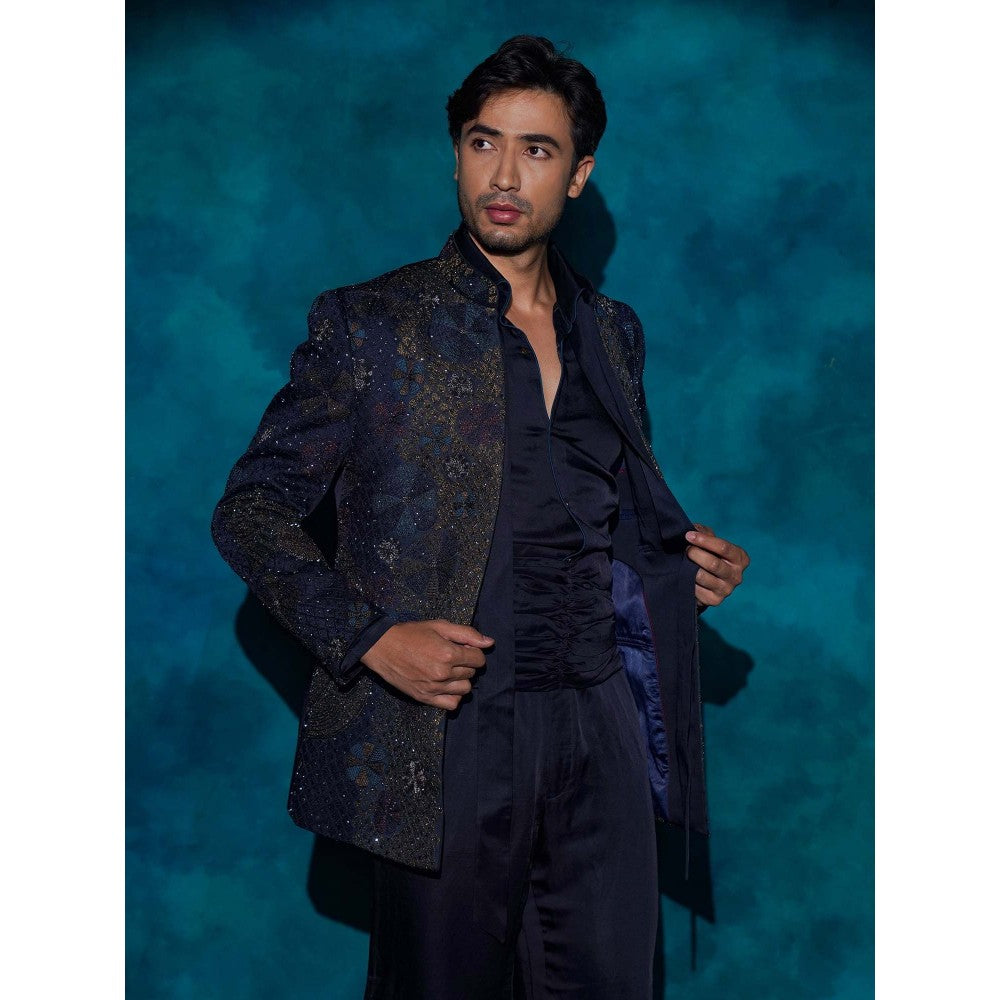 Jatin Malik Midnight Blue Hand Embroidered Short Jacket with Shirt and Trouser