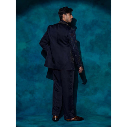 Jatin Malik Midnight Blue Hand Embroidered Short Jacket with Shirt and Trouser