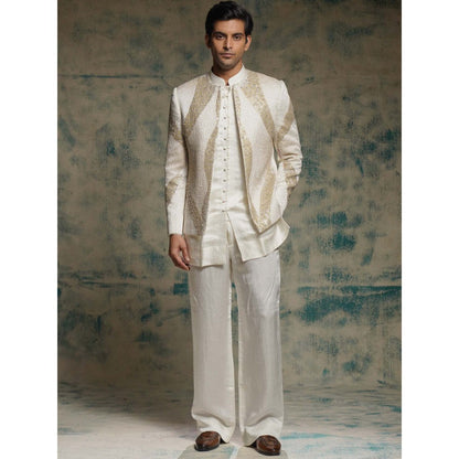 Jatin Malik Ivory Hand Embroidered Sequins Short Jacket with Kurta and Trouser