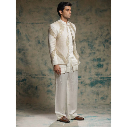 Jatin Malik Ivory Hand Embroidered Sequins Short Jacket with Kurta and Trouser
