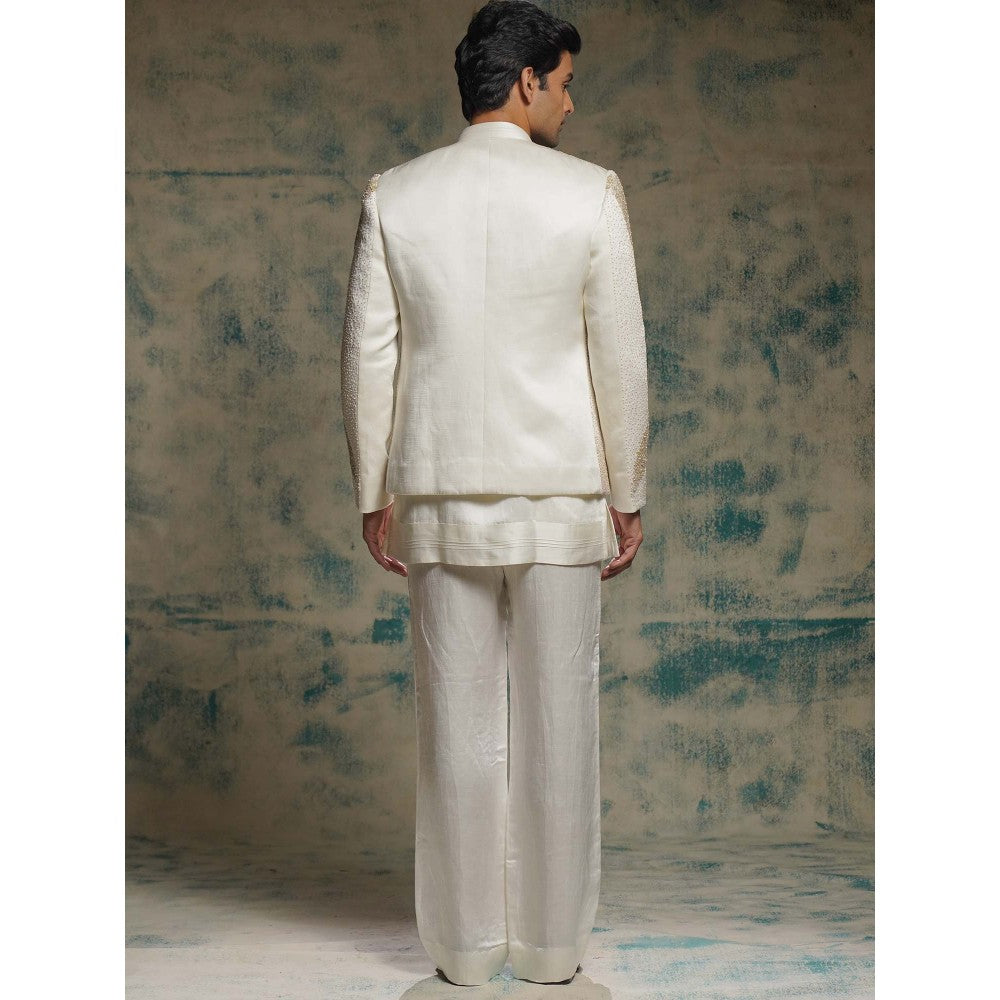 Jatin Malik Ivory Hand Embroidered Sequins Short Jacket with Kurta and Trouser