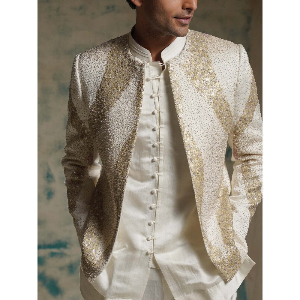 Jatin Malik Ivory Hand Embroidered Sequins Short Jacket with Kurta and Trouser