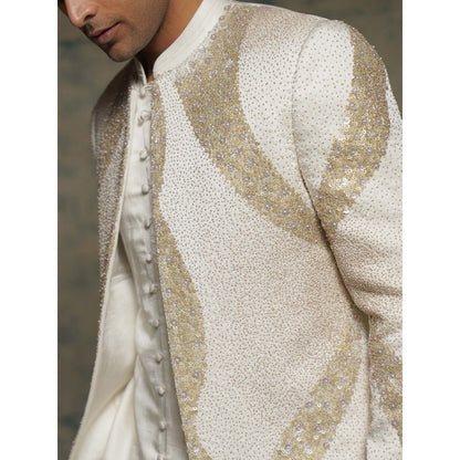Jatin Malik Ivory Hand Embroidered Sequins Short Jacket with Kurta and Trouser