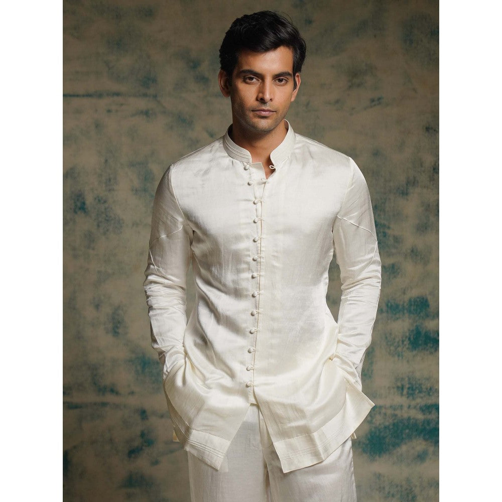 Jatin Malik Ivory Hand Embroidered Sequins Short Jacket with Kurta and Trouser