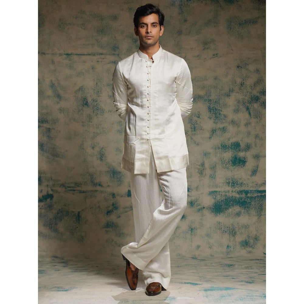 Jatin Malik Ivory Hand Embroidered Sequins Short Jacket with Kurta and Trouser