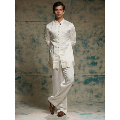 Jatin Malik Ivory Hand Embroidered Sequins Short Jacket with Kurta and Trouser