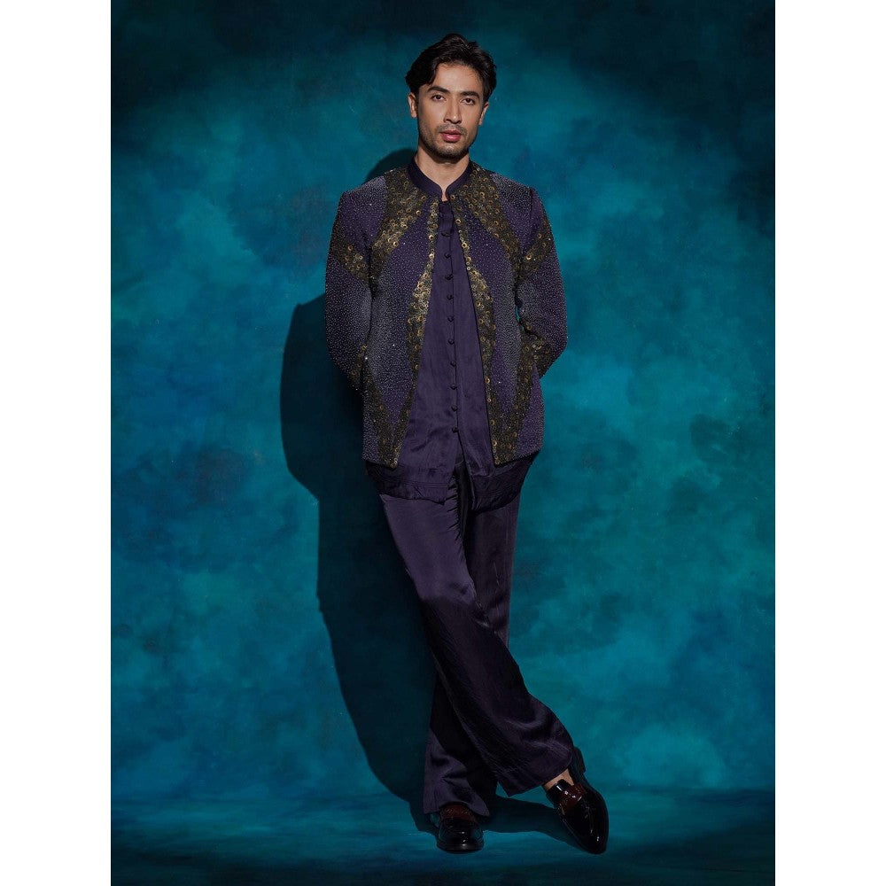 Jatin Malik Purple Hand Embroidered Sequence Short Jacket with Kurta and Trouser