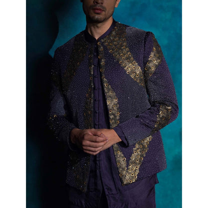 Jatin Malik Purple Hand Embroidered Sequence Short Jacket with Kurta and Trouser