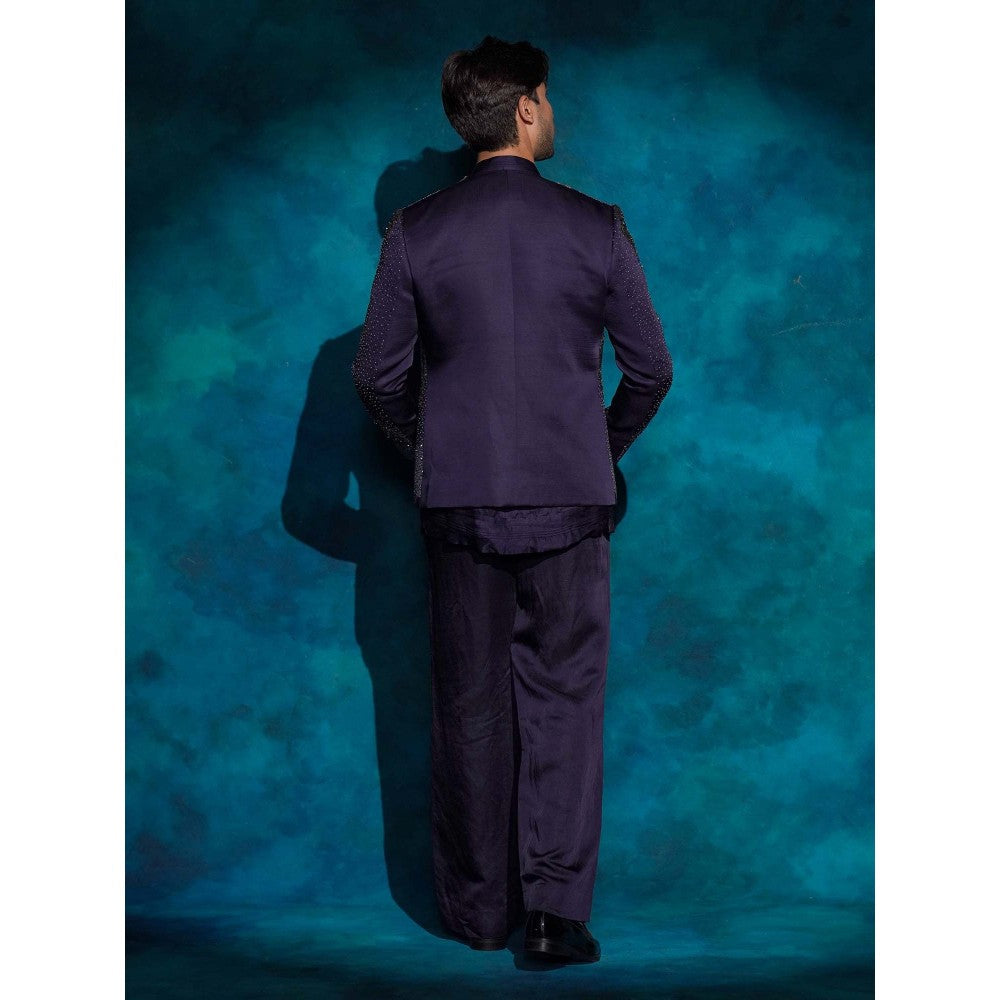 Jatin Malik Purple Hand Embroidered Sequence Short Jacket with Kurta and Trouser