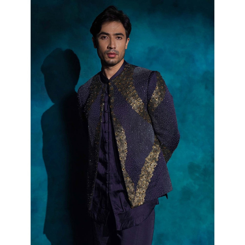 Jatin Malik Purple Hand Embroidered Sequence Short Jacket with Kurta and Trouser