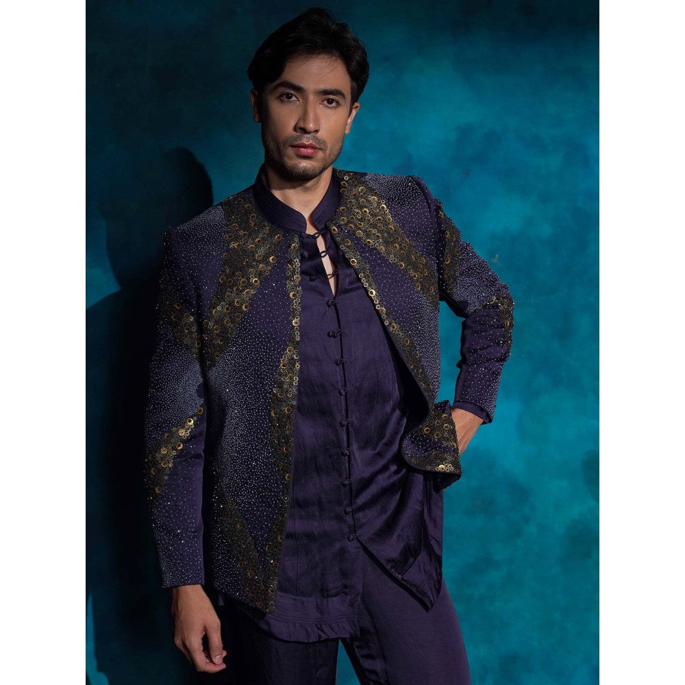 Jatin Malik Purple Hand Embroidered Sequence Short Jacket with Kurta and Trouser