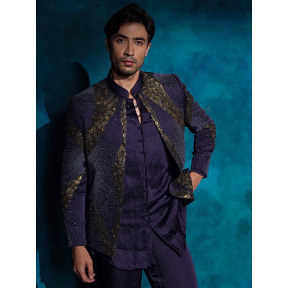 Jatin Malik Purple Hand Embroidered Sequence Short Jacket with Kurta and Trouser