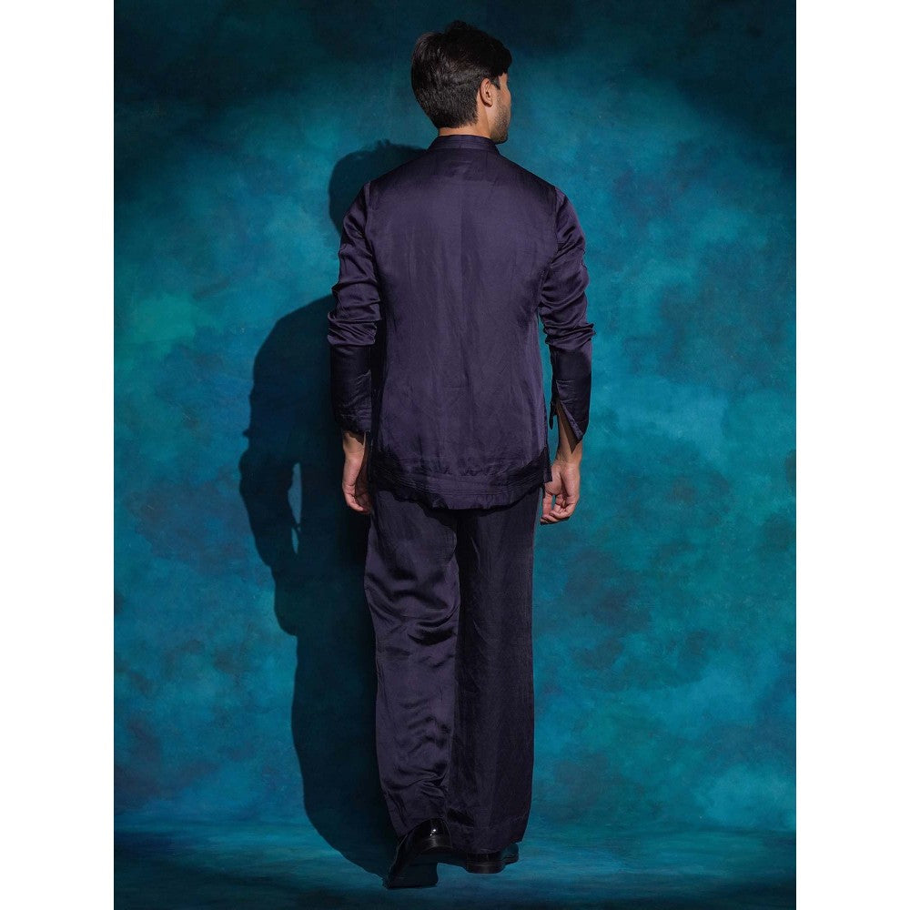 Jatin Malik Purple Hand Embroidered Sequence Short Jacket with Kurta and Trouser