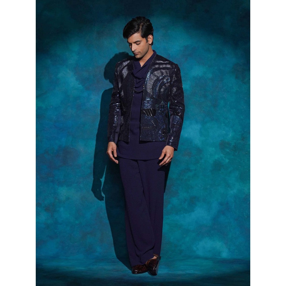 Jatin Malik Purple Hand Embroidered Sequence Short Jacket with Kurta and Trouser