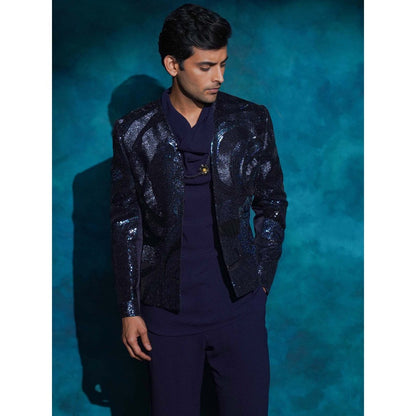 Jatin Malik Purple Hand Embroidered Sequence Short Jacket with Kurta and Trouser