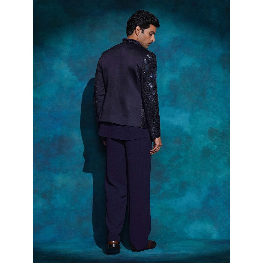 Jatin Malik Purple Hand Embroidered Sequence Short Jacket with Kurta and Trouser