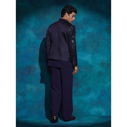 Jatin Malik Purple Hand Embroidered Sequence Short Jacket with Kurta and Trouser