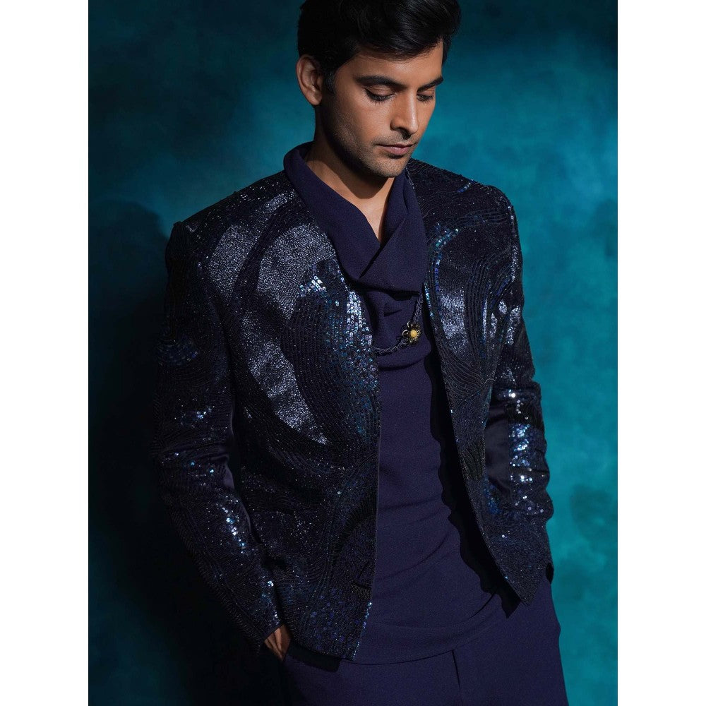 Jatin Malik Purple Hand Embroidered Sequence Short Jacket with Kurta and Trouser