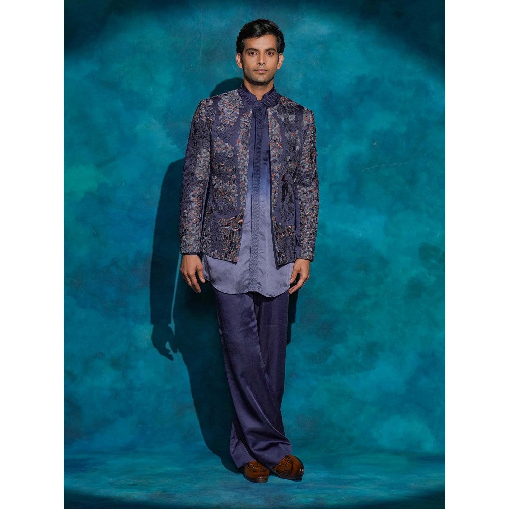 Jatin Malik Oceanic Purple Hand Embroidered Short Jacket with Kurta and Trouser